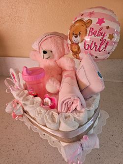 Handmade Girls Pink Diaper Cake Gift Basket w/ Teddy Bear, Bottle, Blanket