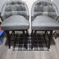 Set of 2 Gray Tufted Bar Stools w/ Backrest & Nailhead Trim – 42” Counter Height