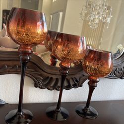 Set Of 3 Glass Candle Holders Beautiful Colors In Like New Conditions 