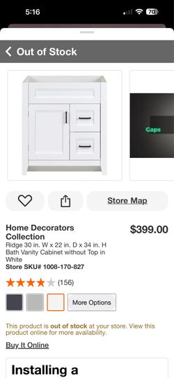 Ridge 30 in. W x 22 in. D × 34 in. H Bath Vanity Cabinet without Top in White