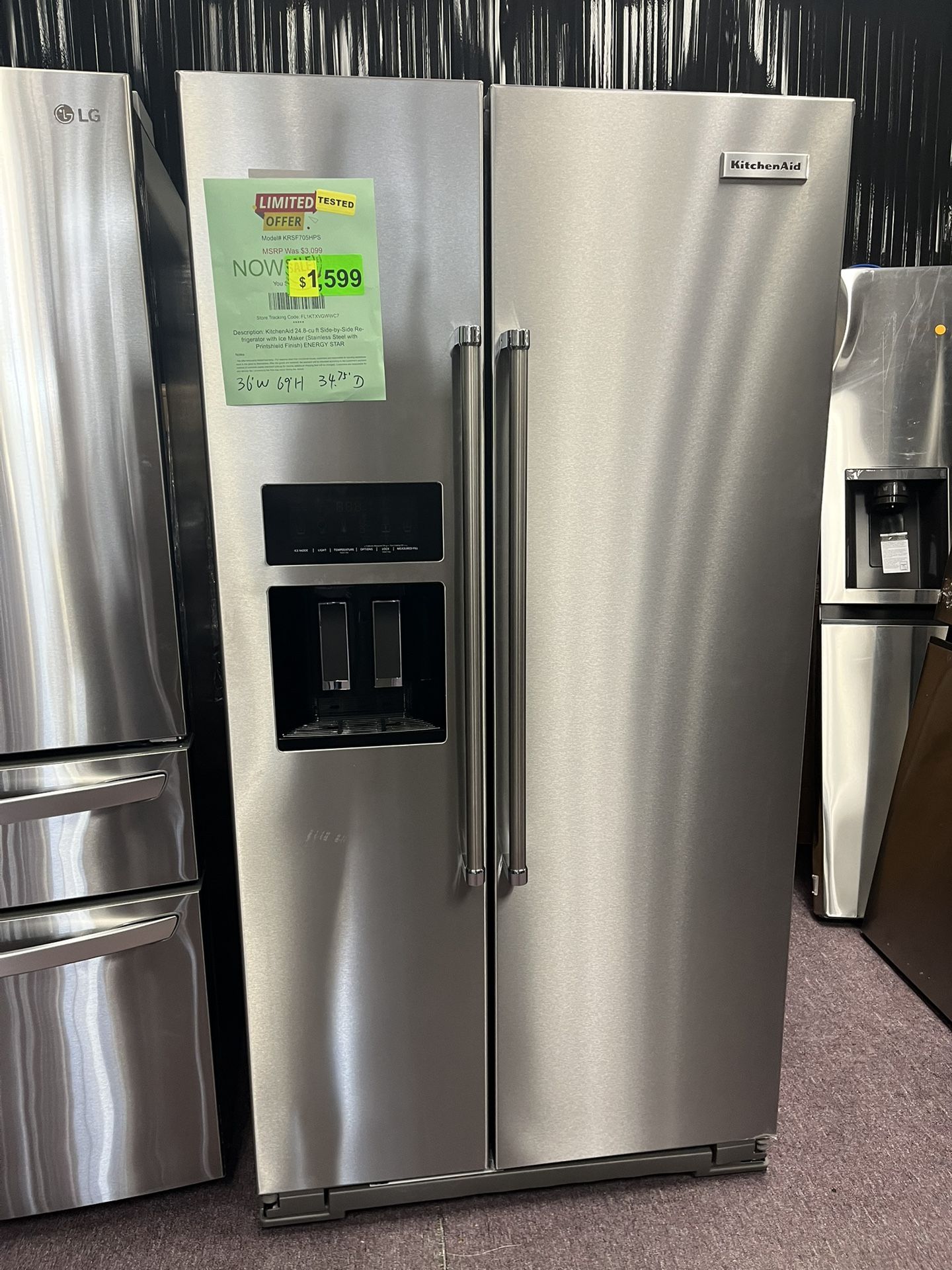 Refrigerator, 36” Side By Side KitchenAid Frigerator
