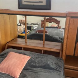 Oak Head Board With Mirrors And 4 Doors And Cabinet’s With Shelf’s