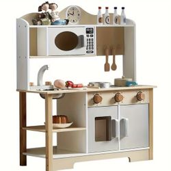 Wooden Play Kitchen Toy Set for Kids, Pretend Kitchen Playset with Oven, Microwave, Kitchenware Play Food Set Accessories, Perfect Gift for Children