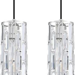 NEW (Open Box) SEENMING HOUSE 2 Light Crystal Kitchen Island Nickel Finish Modern Concise Pendant Fixture with Crystal Plate Metal Shade for Bar,Dinin
