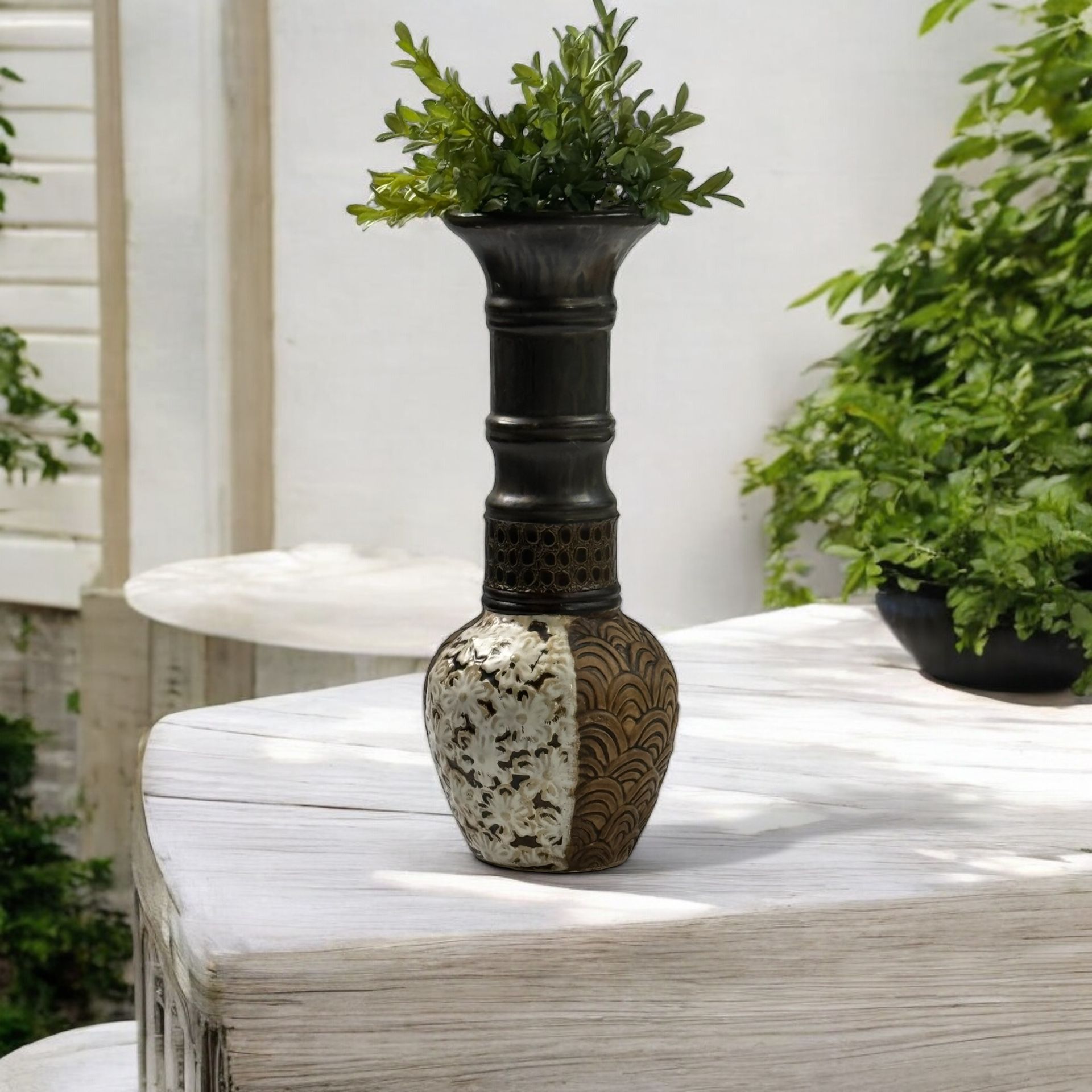 Ceramic Mixed Patterns, Textures & Colors Vaselike 12.5” Tall Candle Holder