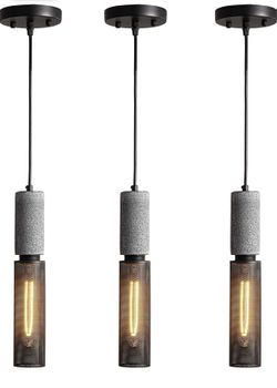 Concrete Linear Pendant Light with a Metal Mesh Shade,Modern Industrial Hanging Cement Pendant Lighting Fixture - Black 3 Pack Set