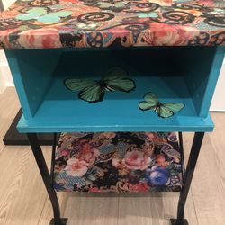 Turquoise Fabric  Wrapped Small  Shelf, With Swirls, Roses And Butterflies