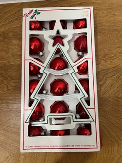 1970's Holly Red Glass Ornaments MCM Silvered Inside -Box of 18 USA