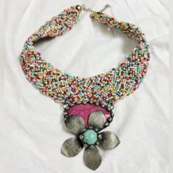 Turquoise & Pink Agate Western Flower Beaded Necklace wl Silver