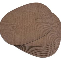 Oval Braided Placemats Set of 12x18 Inch Washable Non-Slip Heat Resistant Table Mats for Kitchen and Dining（Chocolate Brown, 6）