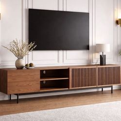 95" Mid-Century Modern Walnut TV Stand w/ 2-Drawers / Open Shelf & Cabinet Storage by POVISON [NEW IN BOX] **Retails for $1379   <NO ASSEMBLY REQ>
