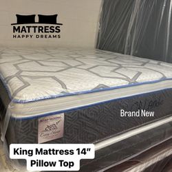 King Size Mattress Pillow Top 14” Inches Thick Excellent Comfort Also Available: Twin, Full And Queen New From Factory Delivery Available
