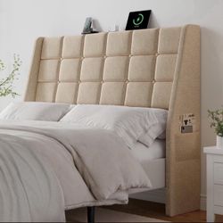 Ergonomic Upholstered Full Size Headboard w/Charging Station, Linen Wingback Headboards w/Storage Pocket, Full Headboard Only, Bed Frame Adapters, Stu