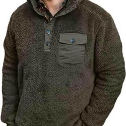 Men's Sherpa Fleece Pullover Sweatshirt Jacket Button Collar Warm Sweater Coat