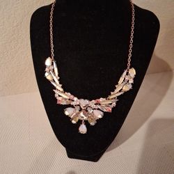 Betsy Johnson Silver Mirrored Opal Pink Two Tone Chrystal Heart Necklace Rare.