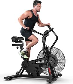 pooboo Exercise Bike, Stationary Bike for Home Gym, Air Resistance Bluetooth Fan Bike w/Dual Acction Handlebars & Dual-Layer Transmission System, Upri