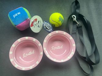 Dog Bowls, squeeze toys, leash