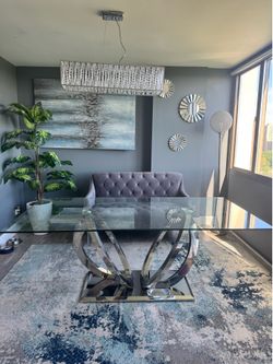 Contemporary Glass Dining Set + Matching Velvet Loveseat | Chrome & Acrylic Glam Style
