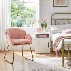 Flower Shape Velvet Armchair, Modern Side Chair Vanity Chair with Golden Metal Legs for Living Room/Dressing Room/Bedroom/Home Office/Kitchen, Pink