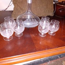7 PC Vintage Etched Glass Decanter Set/B Beautiful Ship Etching