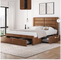 Queen Bed Frame with 2 USB Charging Stations/Port for Type A&Type C/3 Storage Drawers, Leather Upholstered Platform Bed with Headboard/Solid Wood Slat