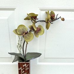Ceramic Vase With Faux Moth Orchid Ornate Decor Accent