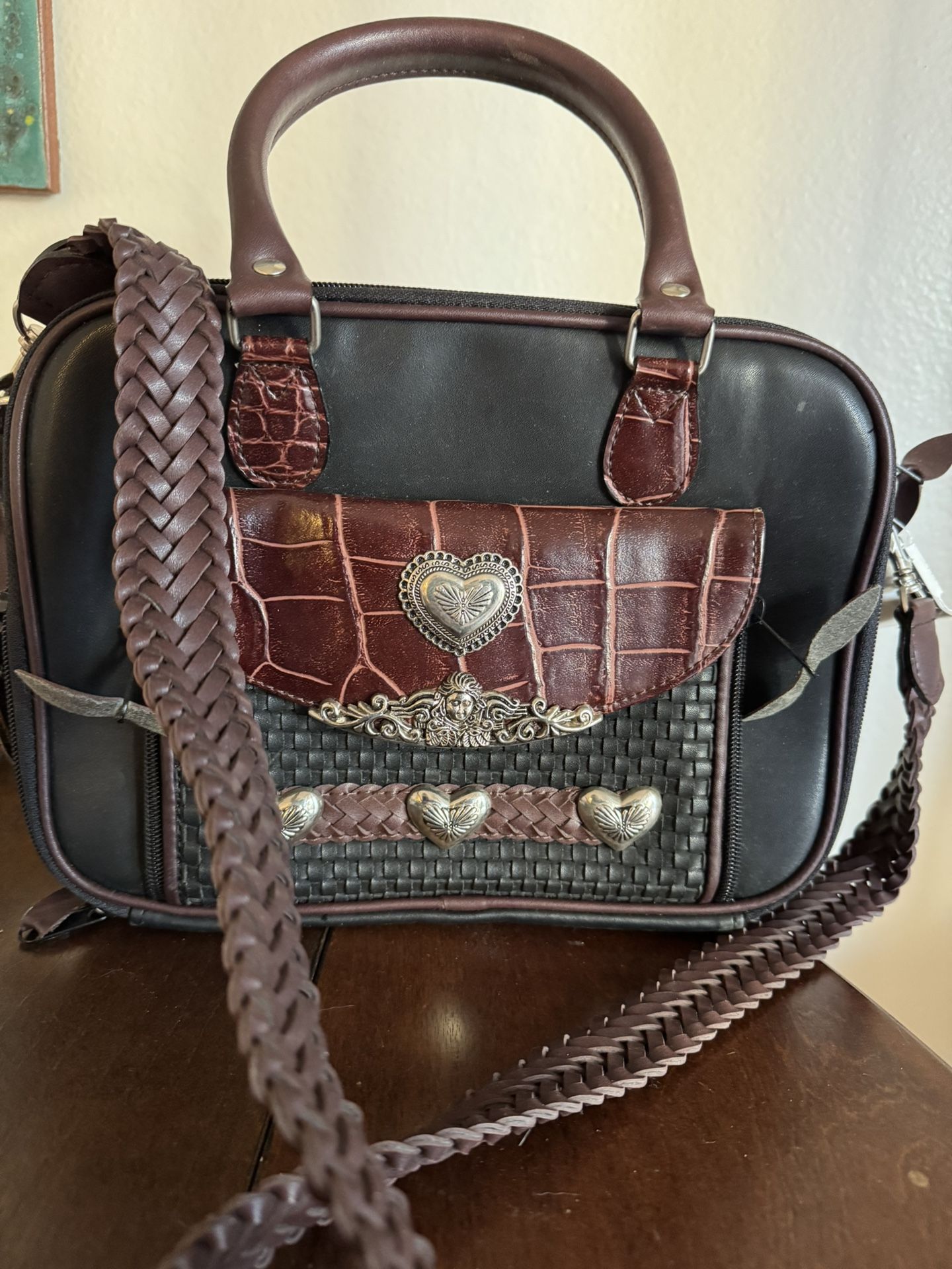Vintage Western Vegan Leather Embossed Heart Silver Accent Bag With Tags.