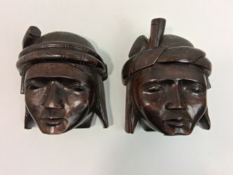 Vintage Hand Carved Wood Bookends Set Tribal Head African Islander Art 5.5"