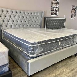 💥Brand New Grey Velvet Tufted Headboard King And Queen Size Upholstered Bed Frame - Opt Mattress + Box Spring 
