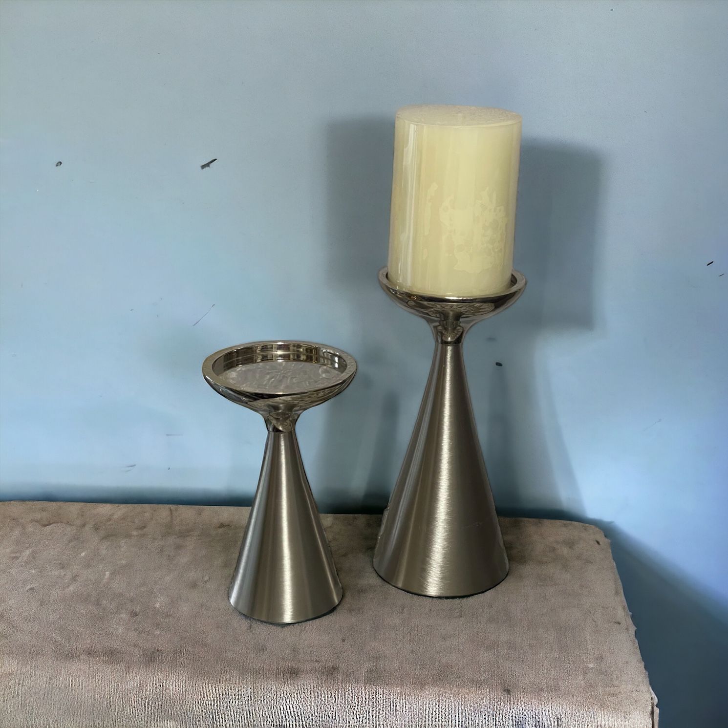 2 Pewter Pillar Candle Holders W/candle