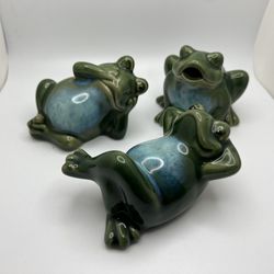Set of 3 Ceramic Green Glazed Whimsical Frogs Figurines Relaxing Collection
