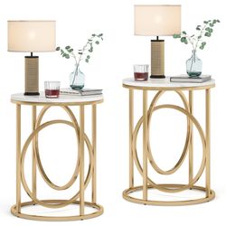 Round End Table for Living Room Set of 2, 20" Modern Sofa Side Table with Gold Base, Faux Marble Accent Table Bedside Table Nightstand for Bedroom, Wh