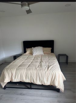 Black Platform Bed Frame with Upholstered Headboard