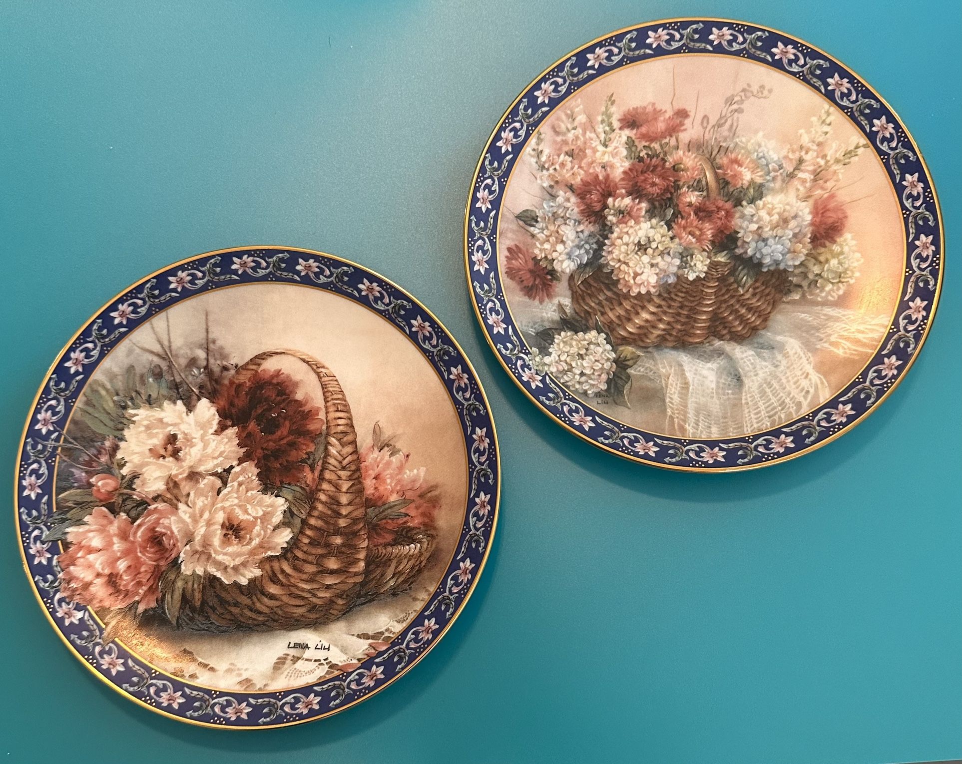 Lena Liu’s Bouquets “Hydrangeas” & “ Peonies” Collectible Floral Plates By W S George