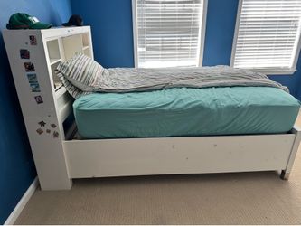 Kids Full Bed with Built-In Storage, Drawers, and Bookshelf Headboard includes mattress