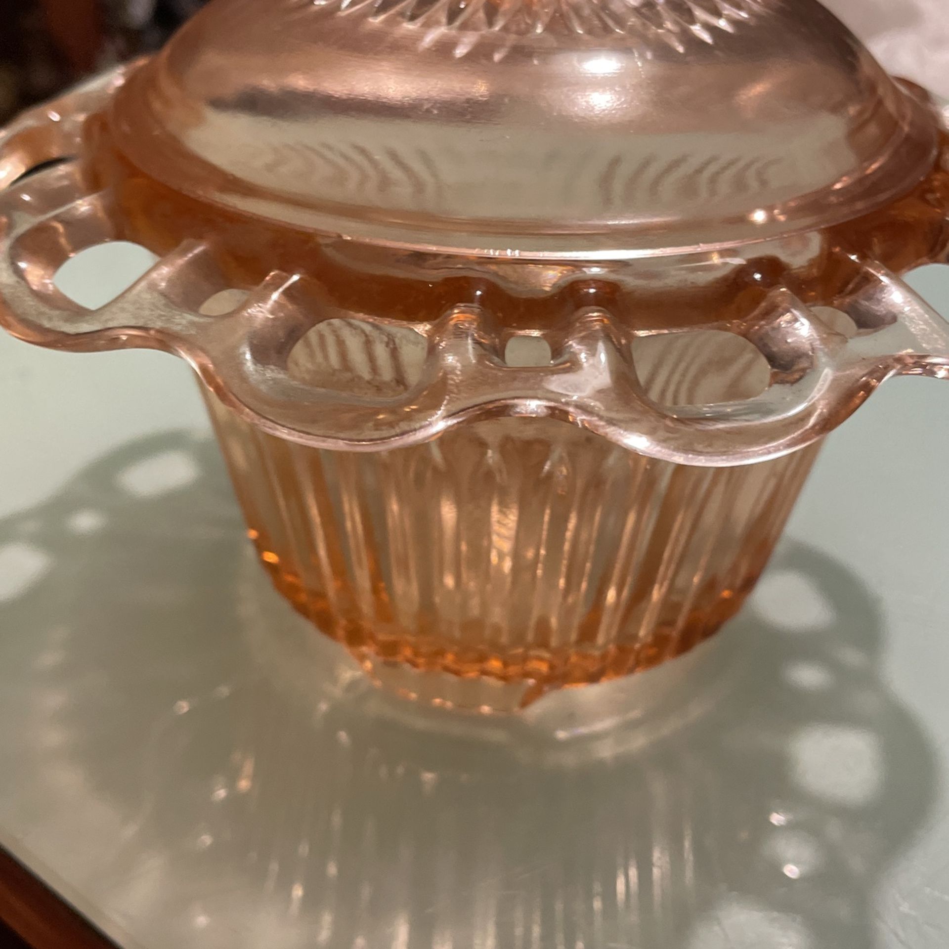 Antique Candy Dish 1930’s Pink Glass 7 Inch Diameter 6 Inch Tall So Beautiful