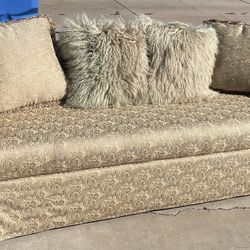 Gorgeous 90” Gold Damask Tuxedo Style Skirted Sofa