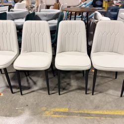 Dining chair set for 4 leather, black legs, off white 
