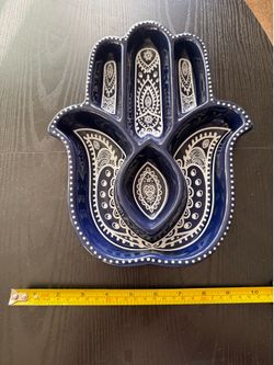 Celestial Collection Blue Ceramic Hamsa Hand Serving Tray