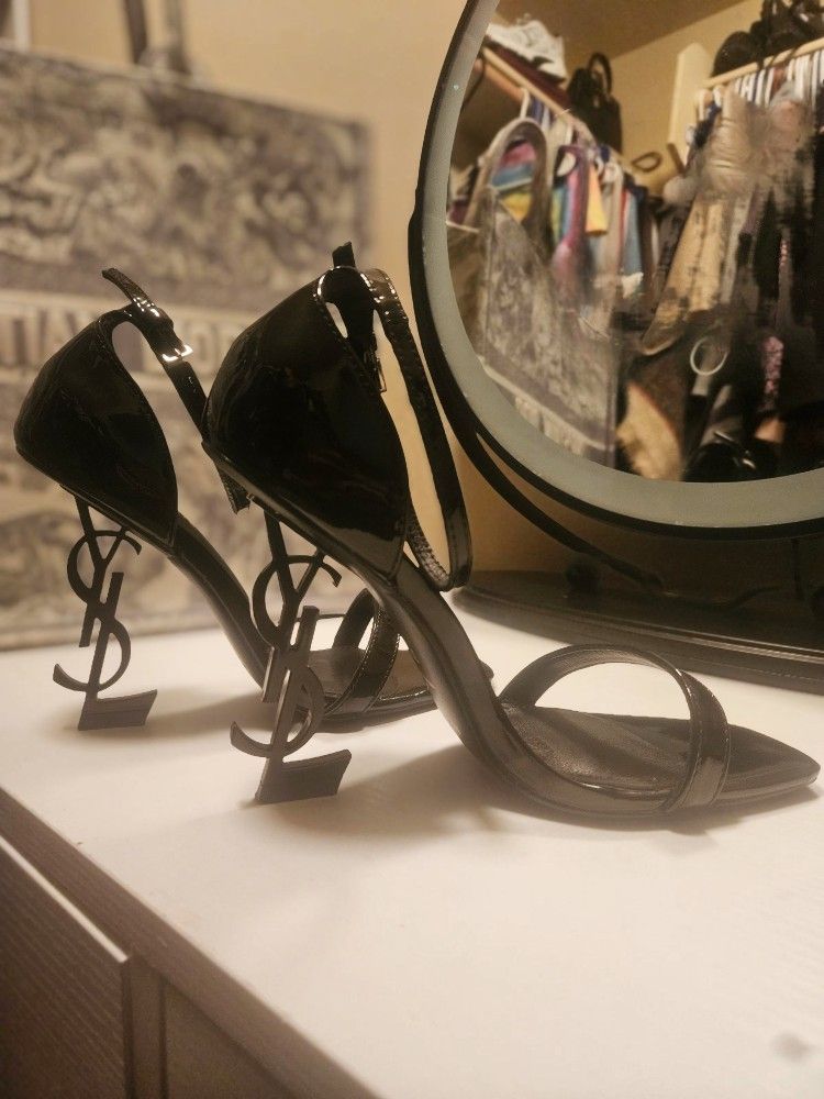 Opyum YSL Logo-Heel Sandals with Black Hardware
