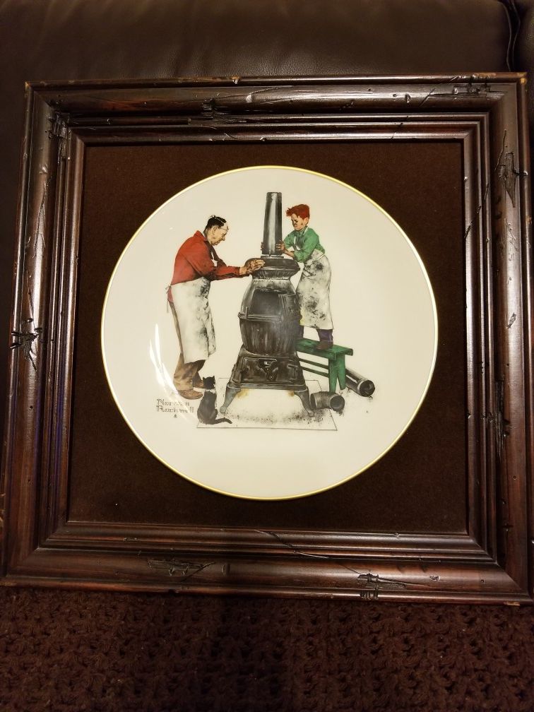 Norman Rockwell mounted plates, beautiful frames. 16 3/4 × 16 3/4. Not sure of age, I acquired them 34 years ago