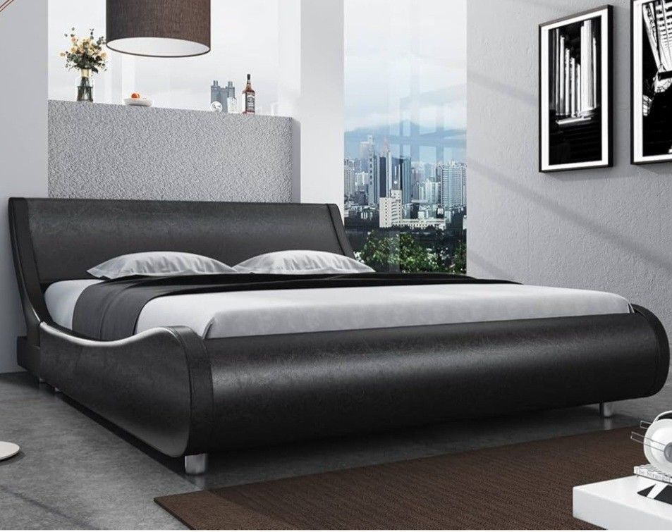 SHA CERLIN Modern Low Profile Platform Bed Frame Queen Size, Stylish Faux Leather Upholstered Sleigh Bed with Adjustable Headboard, No Box Spring Need