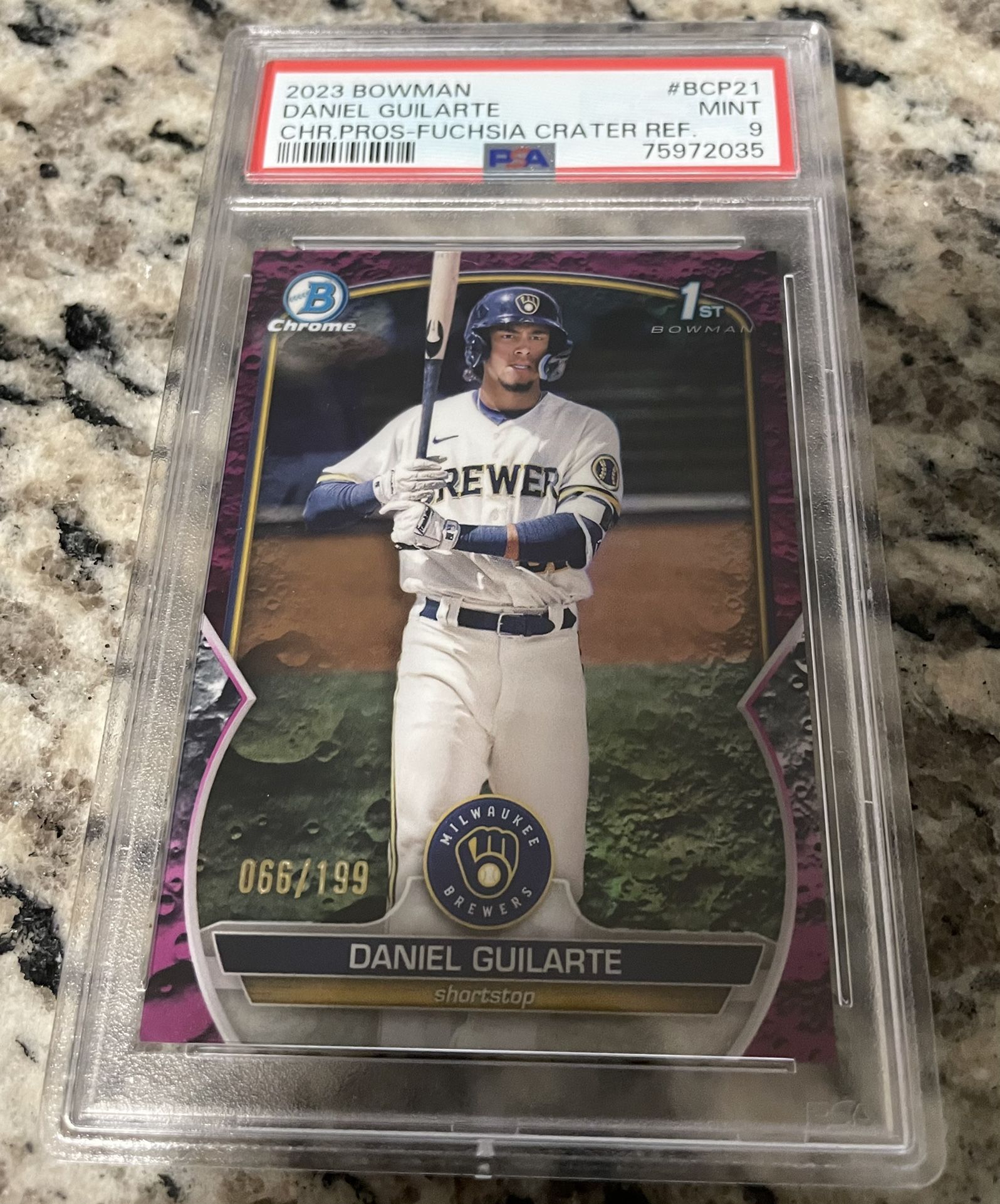 2023 Bowman Chrome Prospects #BCP21 Daniel Guilarte Fuchsia Lunar Refractor PSA 9 Mint /199