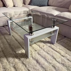 Modern White Glass, Top Coffee Table With Shelf And White Metal Base