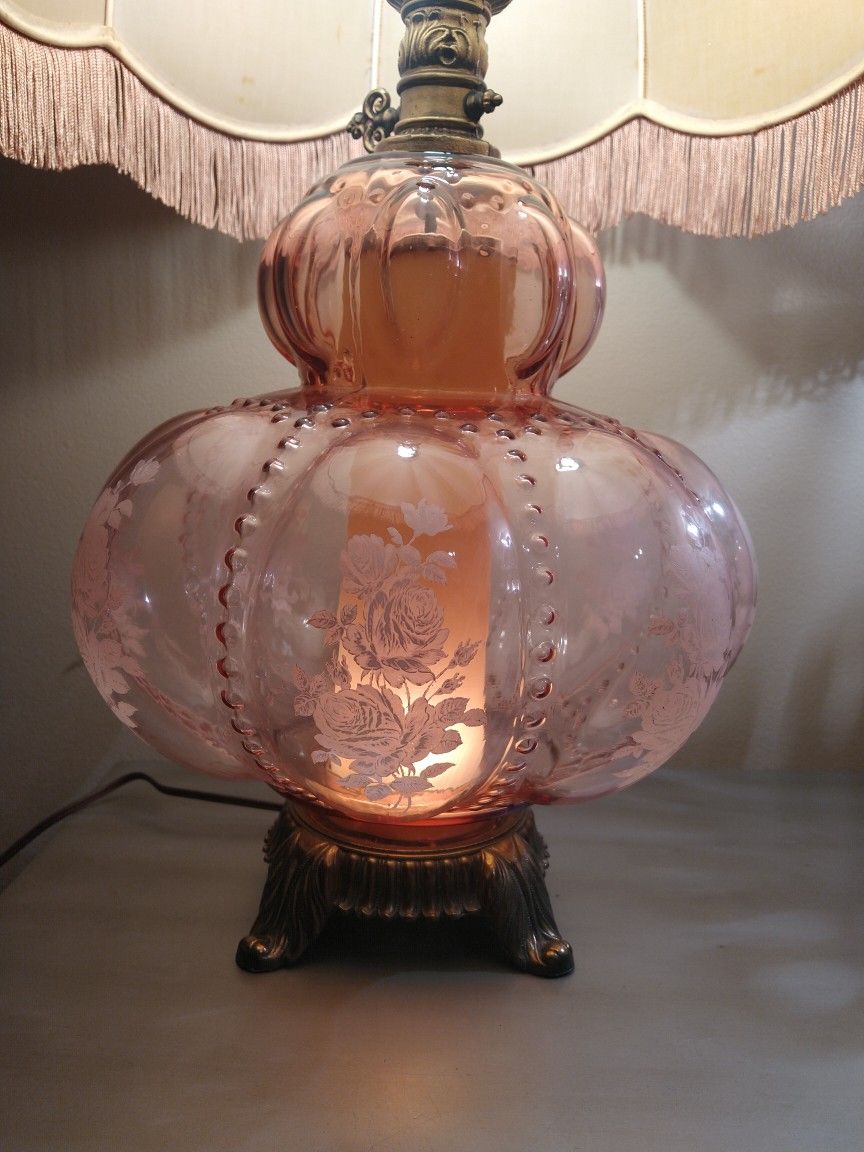 Beaded Floral Victorian Pink Table Lamp & Shade -Vintage Mid 20th Century 3 Way