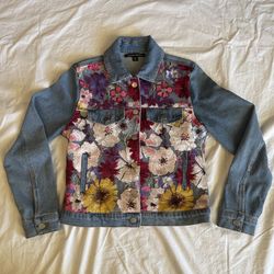 Boston Proper Floral Gardens Embroidered Denim Jacket Size XS