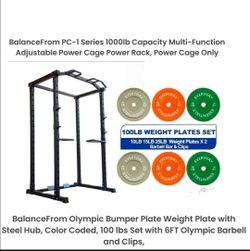 Power Cage & BalanceFrom Olympic Bumper Plate Weight Plate with Steel Hub, Color Coded, 100 lbs Set with 4FT Olympic Barbell and Clips,