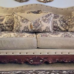 Matching Sofa & Loveseat W/ Carved Wood Trim