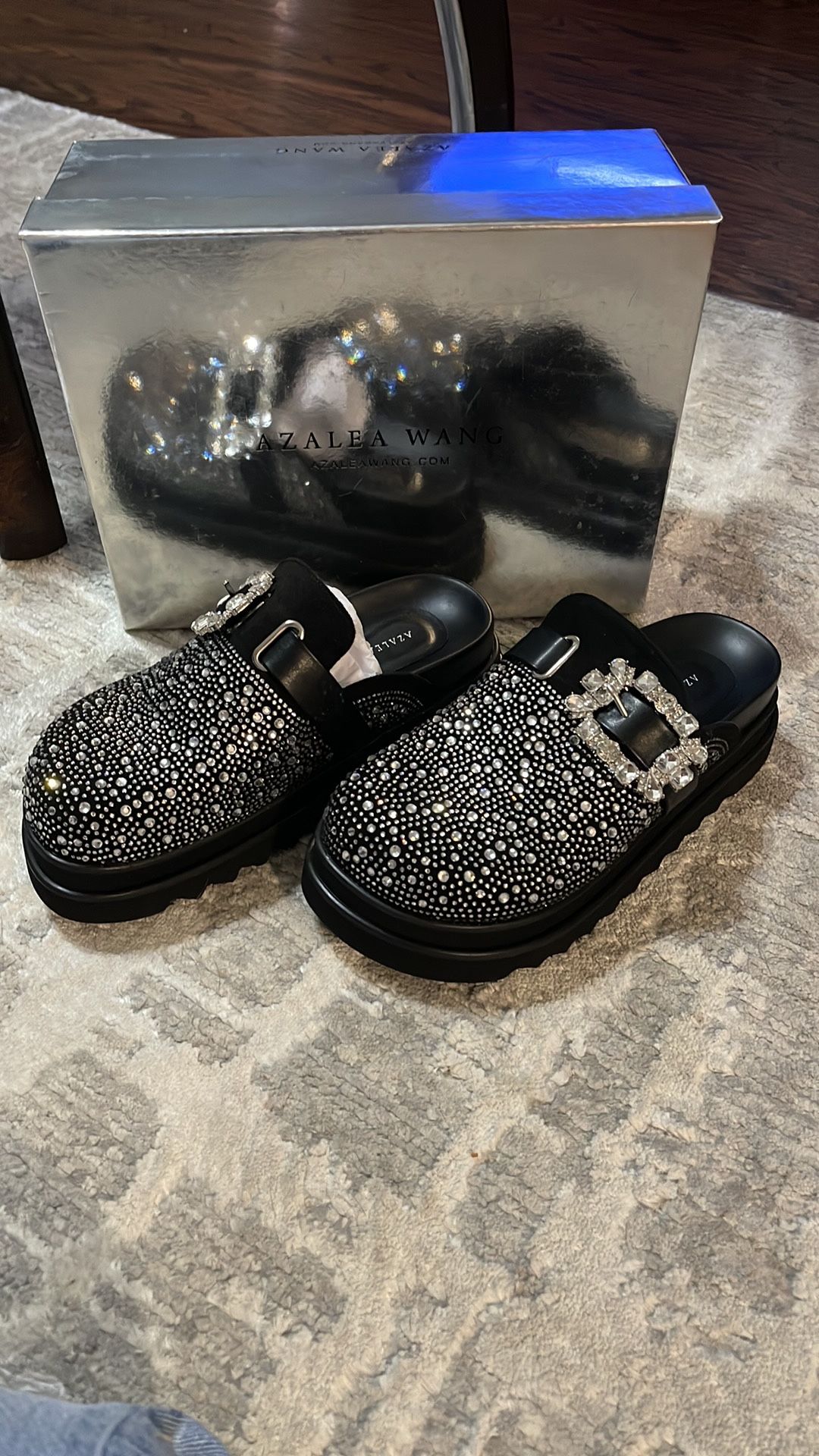 Black Crystal Embellished Mules with Plush Material
