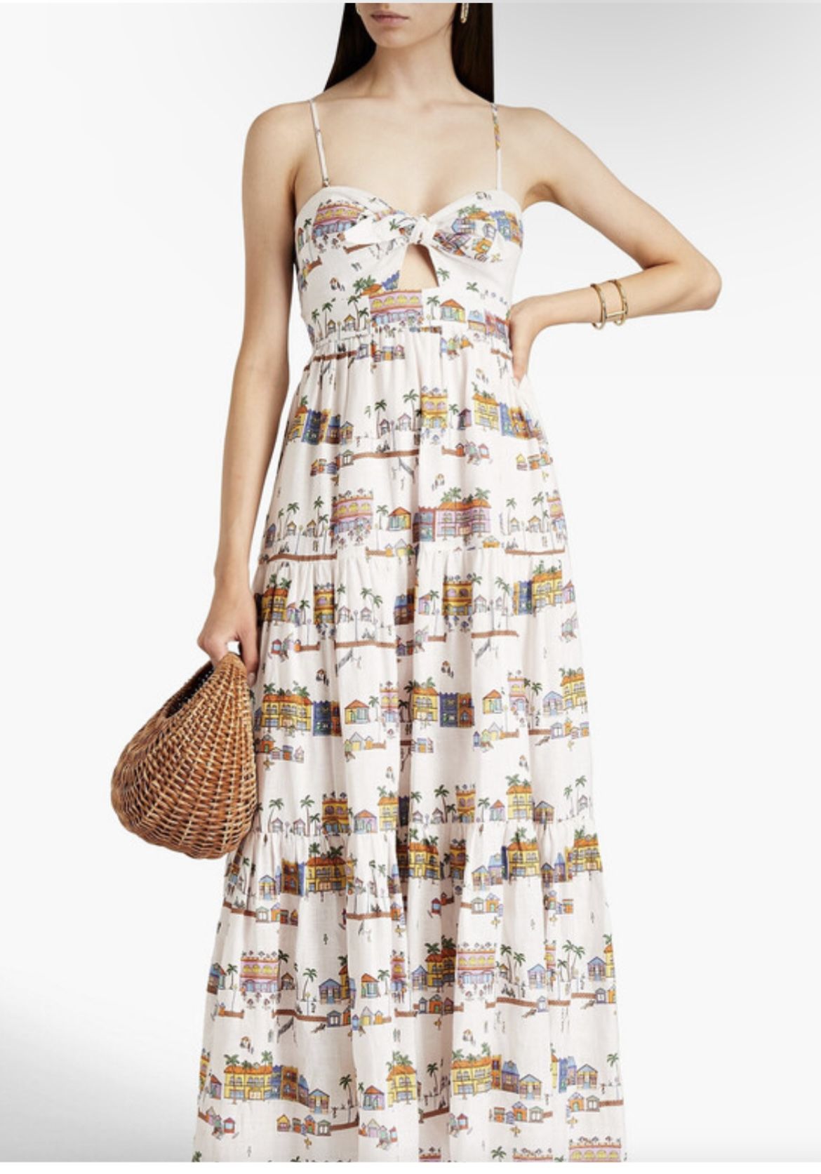 Zimmermann Mae Tie Front House Print Linen White Midi Maxi Dress